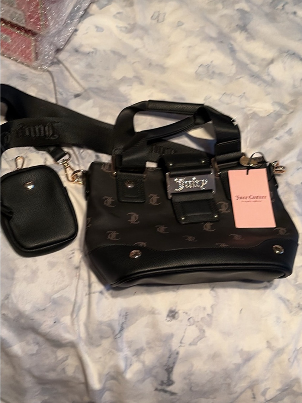 Juicy Couture Black Logo Shoulder Satchel with Removable Pouch